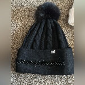C.C Women’s Black Knit Beanie with Pom Pom
